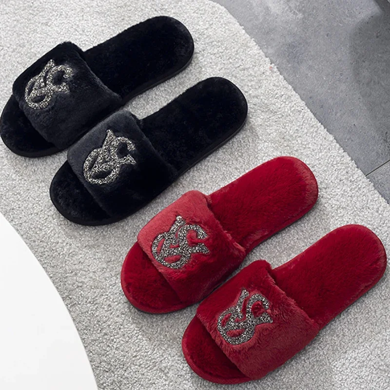 Fashion Rhinestone Design Elegent Women Home Flat Slippers Sexy Open Toe Slides Fur Warm Non-slip Leisure Interior Female Shoes