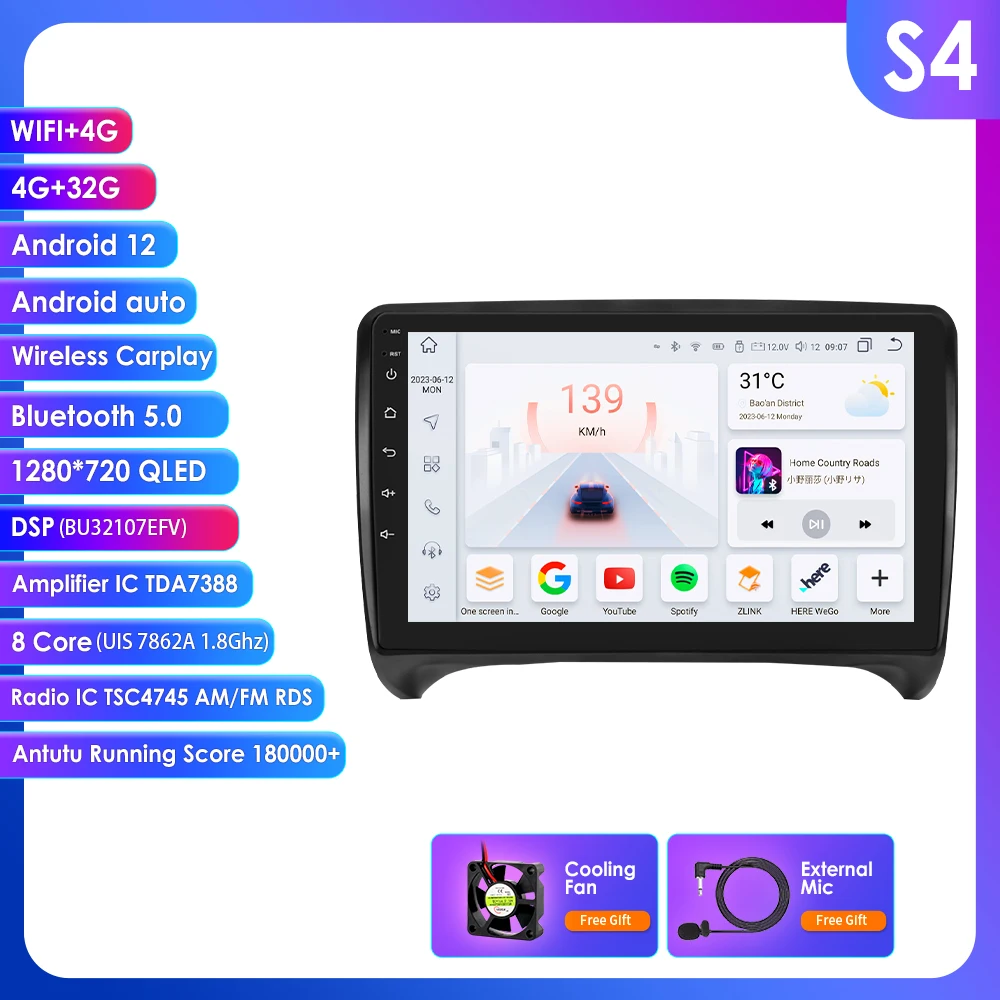 9 "Algpo 2Din Android Auto Autoradio voor Audi TT MK2 8J 2006-2014 Snapdragon 6115 GPS Navigatie SWC DSP 4G BT CarPlay 360 ° CAM