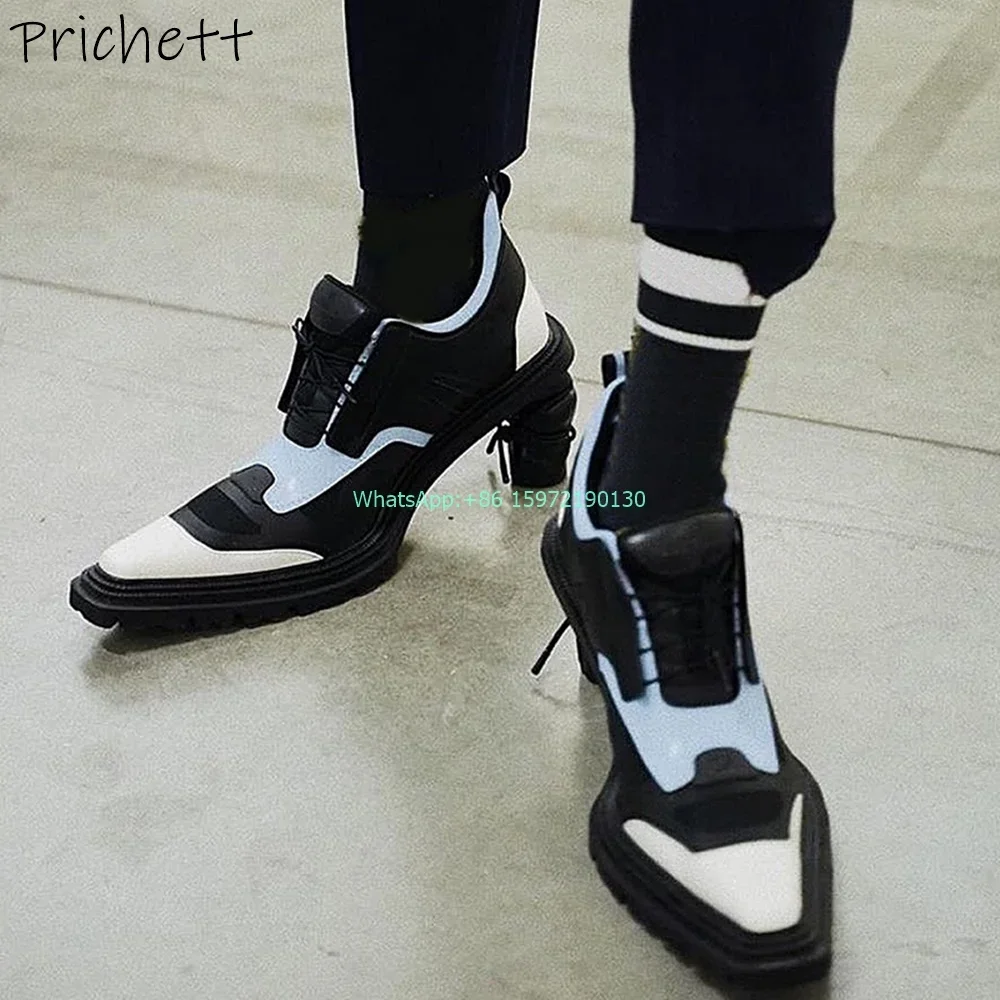 Strange Style Heels Ankle Boots Mixed Color Square Toe Lace Up Sewing Shoes Women\'s Fashion Unique Design Motorcycle Boots