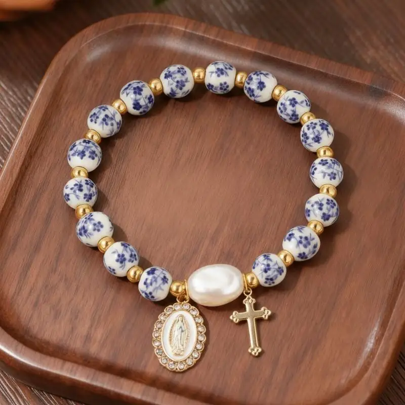 Handgefertigtes Keramikperlen-Barock-Perlenarmband Blau-Weißes Porzellan-Kreuz Schmuckgeschenk – Detail 1