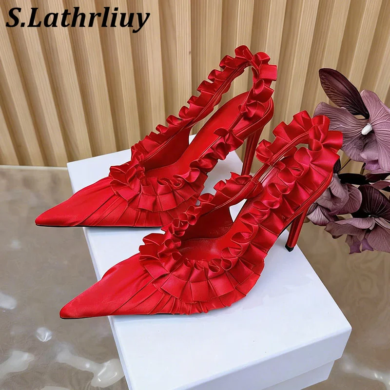 High Heel Sandals Women's Pleated Lace Design Shallow Mouth Pointed Toe Sandaials Summer Fashion Back Strap Banquet Dress Shoes