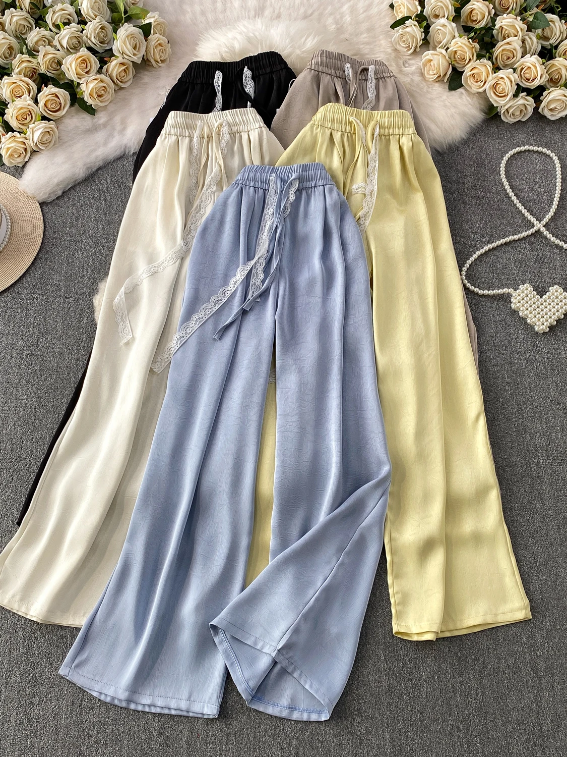 Silky Smooth Satin Wide Leg Pants Women's High Waist Lace Tie Design Summer Slimming Straight Cut Trousers Commute Style