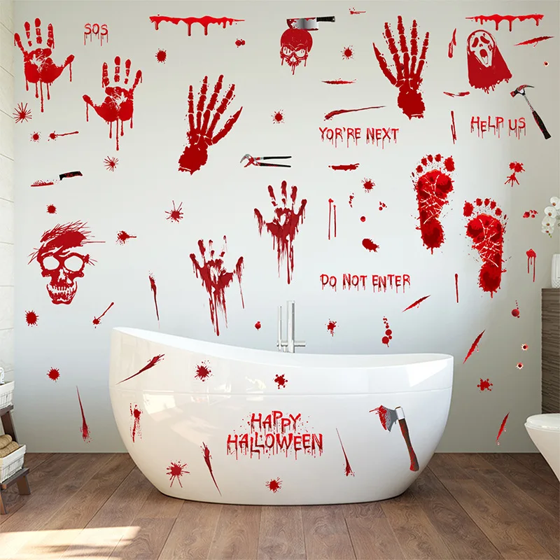 

Halloween Blood Handprints Blood Footprints Stickers Axe Skull Halloween Props Stickers Holiday Horror Decorations