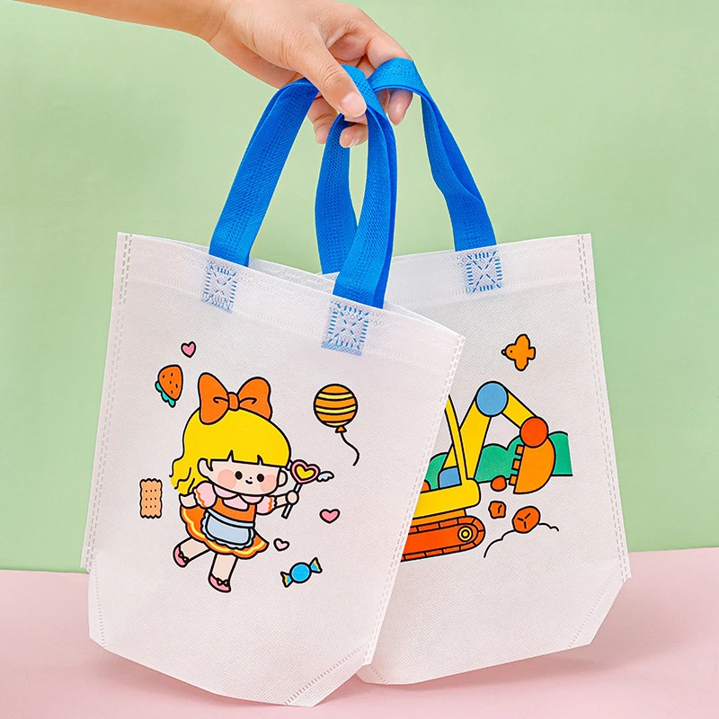 Bolsa de garabatos hecha a mano para niños, dibujo de dibujos animados no tejido, bolsa de mano para colorear, regalo de jardín de infantes