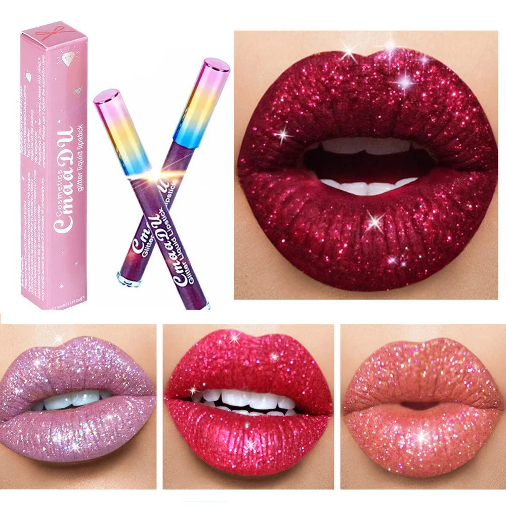 Batom líquido glitter impermeável para mulheres, batons duradouros, mudança de cor, metálico, brilho labial brilhante, vermelho, matiz rosa, maquiagem de lábios