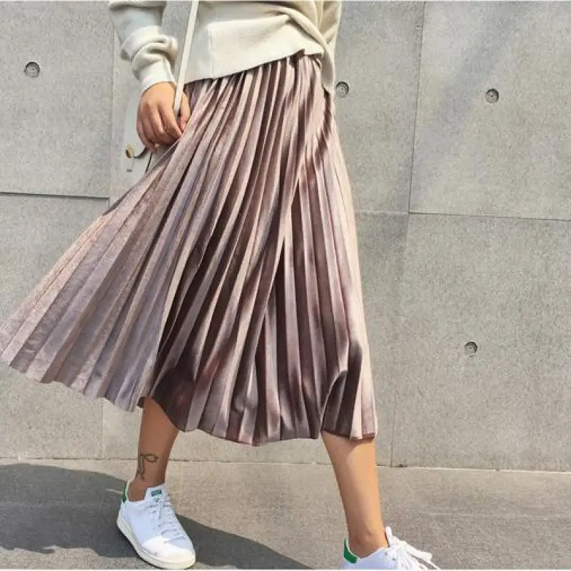 

Spring 2022 Women Long Metallic Silver Maxi Pleated Skirt Midi Skirt High Waist Elascity Casual Party Skirt