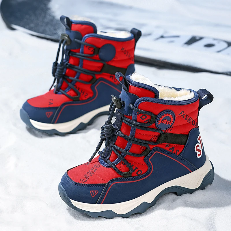 Kids Winter Snow Boots Thick Fleece Lined Warm Waterproof Upper Quick Pull Lace Anti Slip Sole Boys Girls Outdoor Hiking Boots C