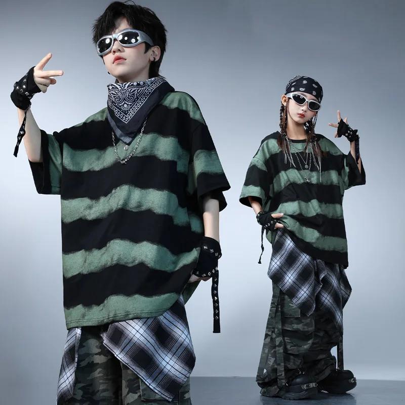 Children Streetwear Boy Girl Hip Hop Costume Contrast Tops Camo Cargo Pants Kids Group Stage Dance Clothes