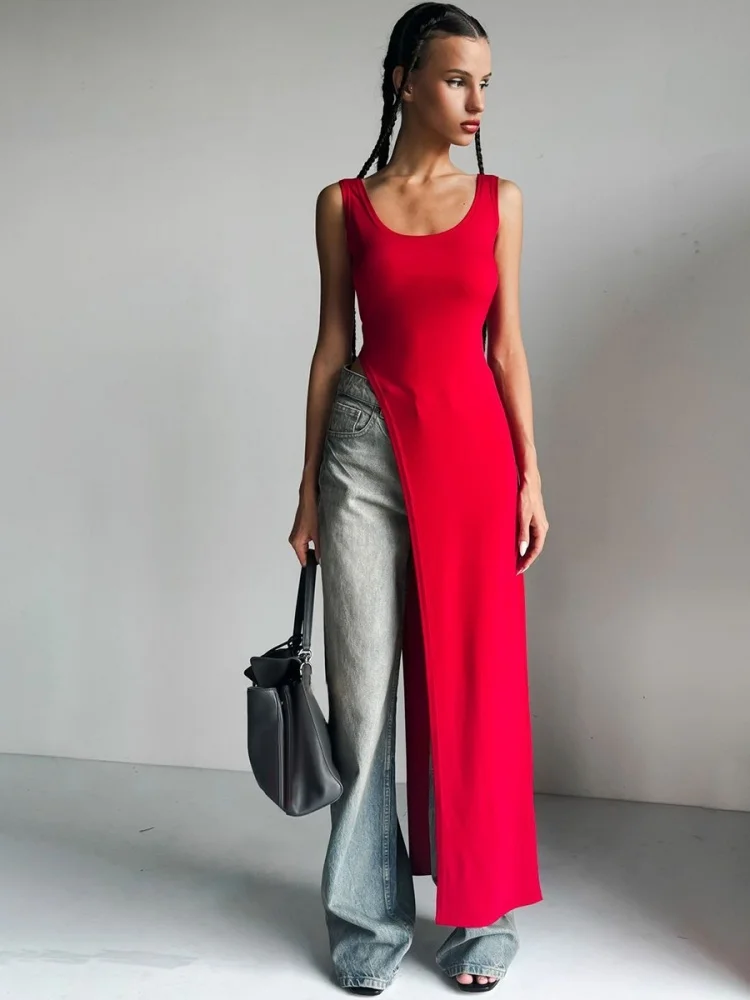 

Asymmetrical Long Dresses For Women Streetwear Sleeveless Tank Top Split Vestidos De Mujer Slim One Piece Y2k Clothes Robe Femme