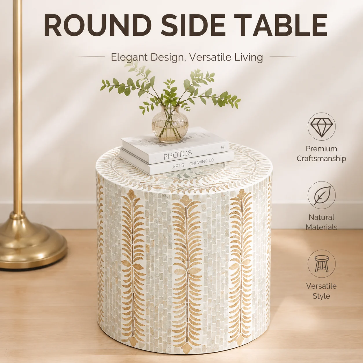 Mesa  centro redonda, mesa  té con revestimiento natural, escritorio para almacenamiento  arte, soporte cilíndrico  exh