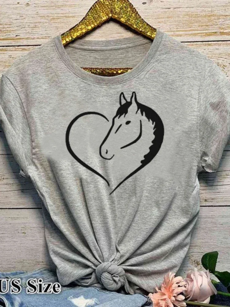 Horse Shape Heart Print Yellow Women's T-shirt Short Sleeve O Neck Women Tshirt Ladies Summer Fashion Tee Tops Women's Clothing