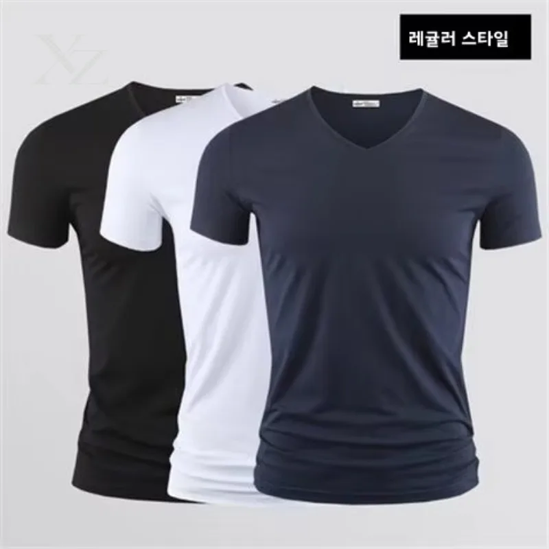 Premium Ice Silk Modal Men's Slim Fit Round Neck Short Sleeve Tight Base T-Shirt Business Casual Popular Polyester