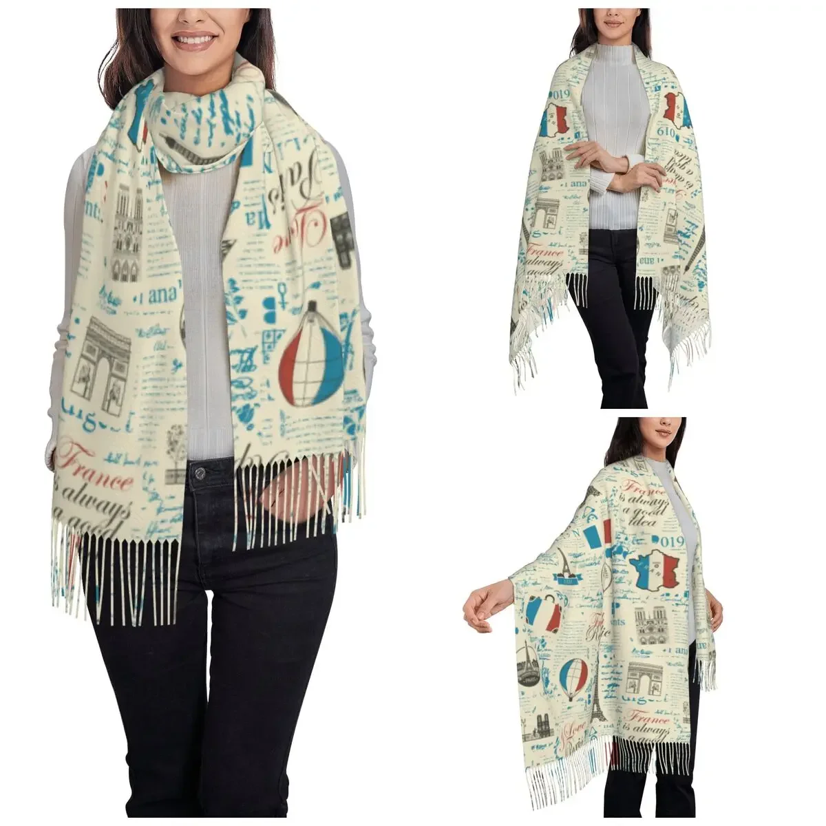 Retro France Paris French  Scarf for Womens Winter Warm Shawl Wrap Large Scarves with Tassel Ladies