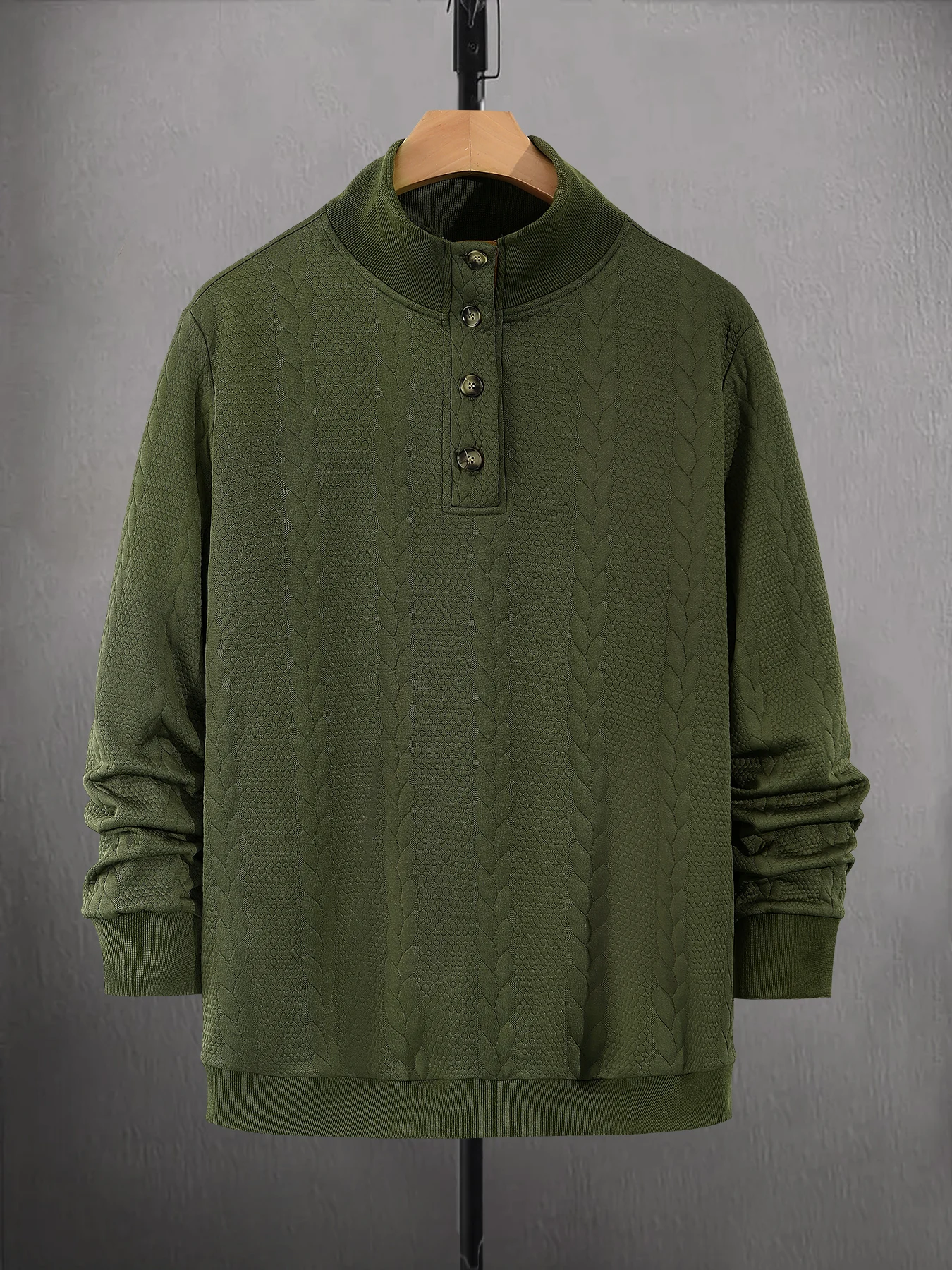 Men's Spring and Autumn 3D Wheat Ear Jacquard Henley Collar Sweatshirt, Army Green Retro Wooden Button Half-Open Collar Long Sleeve, Breathable Loose Casual Inner and Outer Wear Top