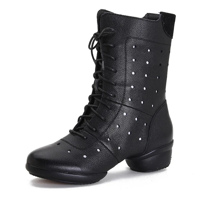 Botas de baile de piel de vaca con suela suave para mujer, botas de baile cuadradas de baile moderno, aumento de altura, Otoño e Invierno