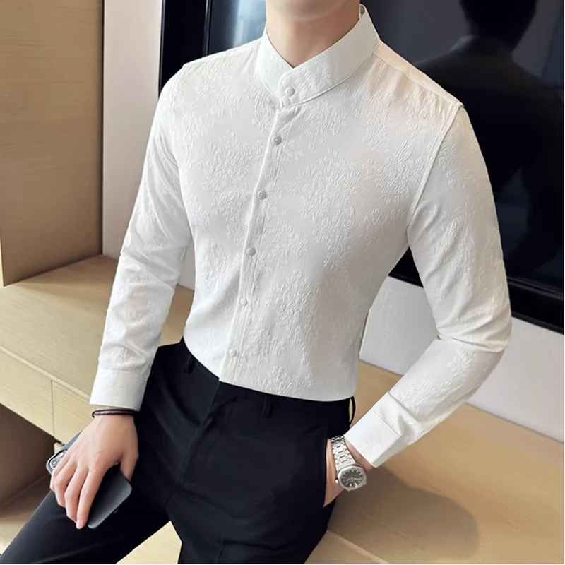 

Роскошная винтажная жаккардовая рубашка, весна 2024, китайский воротник-стойка с принтом, облегающие повседневные рубашки, модный свадебный социальный смокинг