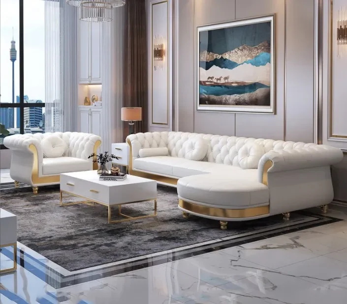 Living Room Sofa,Modular Sofa New Designed Sofa Set Furniture U Shaped Luxury Leather Button Tufted Upholstered Sofas For Hotel