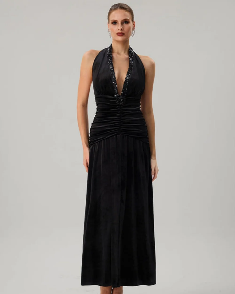 

Customized Elegant Women Jersey Beading Ruched A-line Evening Dresses Classic Halter Sleeveless Ankle Length Dresses Party Gowns