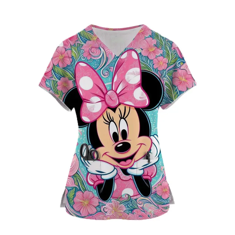 Divise da lavoro ospedaliere Medcine Minnie Topolino Stampa Camicetta da allattamento con scollo a V Uniforme da clinica odontoiatrica Infermiera medica Scrub Top