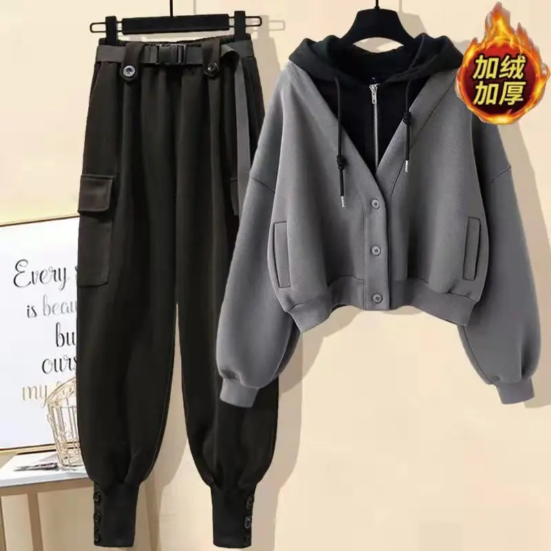 Autumn and Winter Collection with Plush and Thick Long Sleeved Hooded Jacket Work Pants Two-piece Set Women's Pants Set