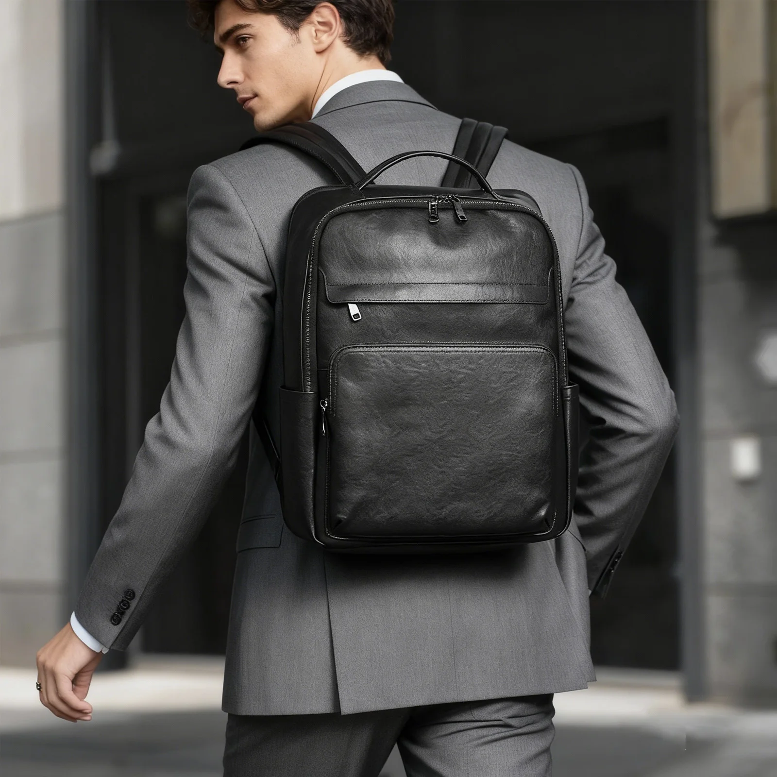 Black Genuine Leather Backpack for Men with 14” Laptop Stylish Soft Vintage Business Office Rucksack Mochila for Work Travel