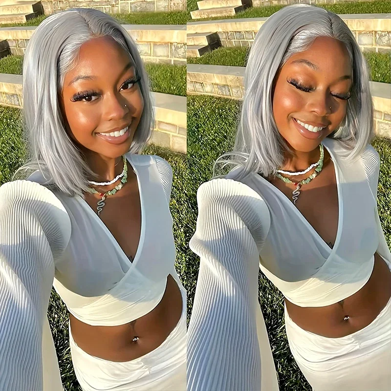 Silver Grey Bob Wig 13x6 Lace Front Human Hair Wigs For Women Transparent Lace Frontal Wig Brazilian Bob Hair Wigs Pre Plucked image 4
