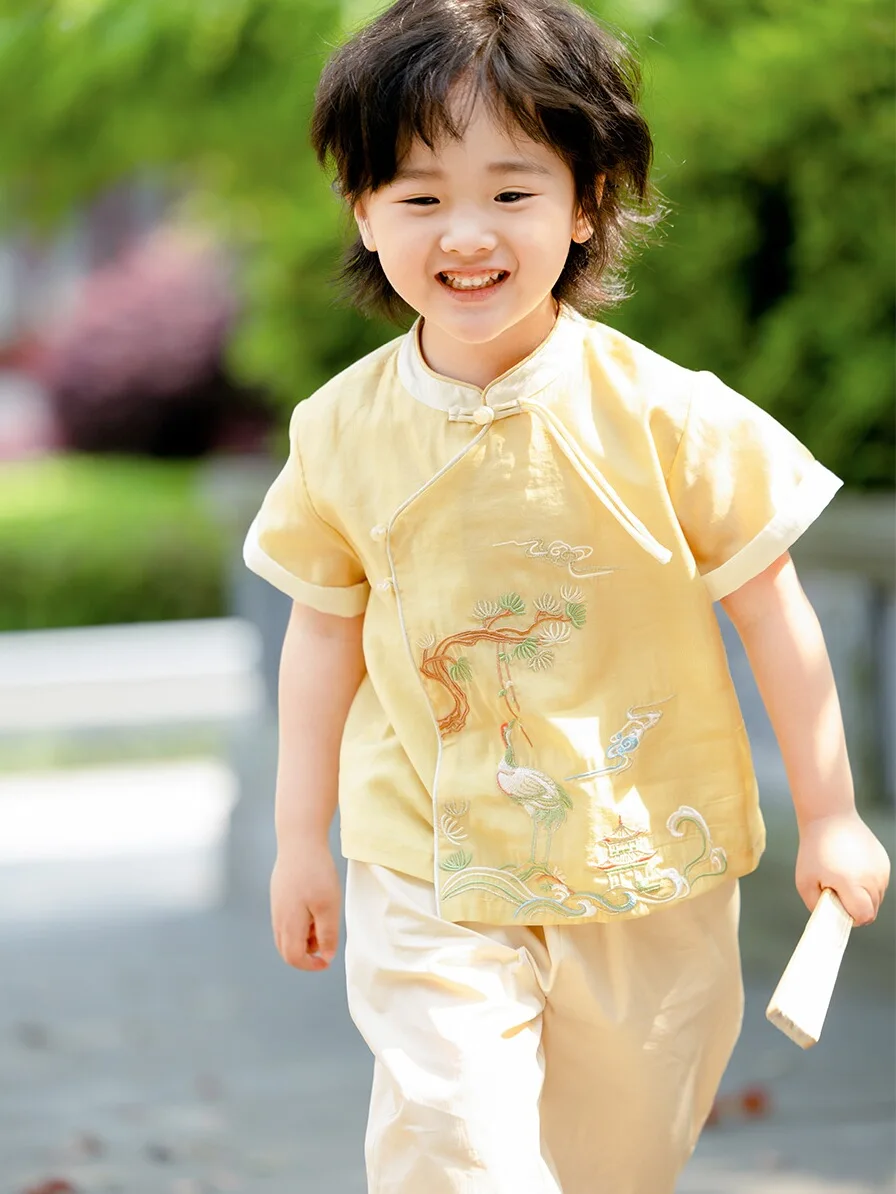 Hanfu Boys' Summer 2024 New Children's Super Cute Loose Short Sleeve Thin Short Embroidery Suit Original Tang Suit