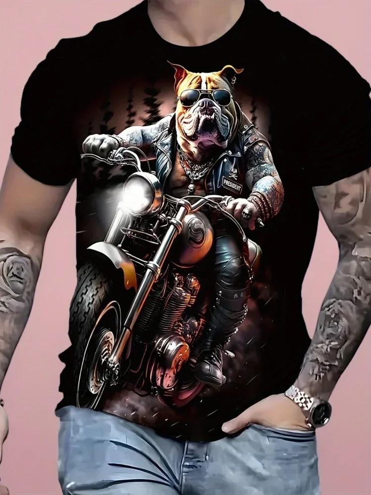Fashion New Biker Bulldog Motorcycle Print Men T-shirt Cool Dog Rider Graphic T Shirt Summer Breathable Casual Tee Tops