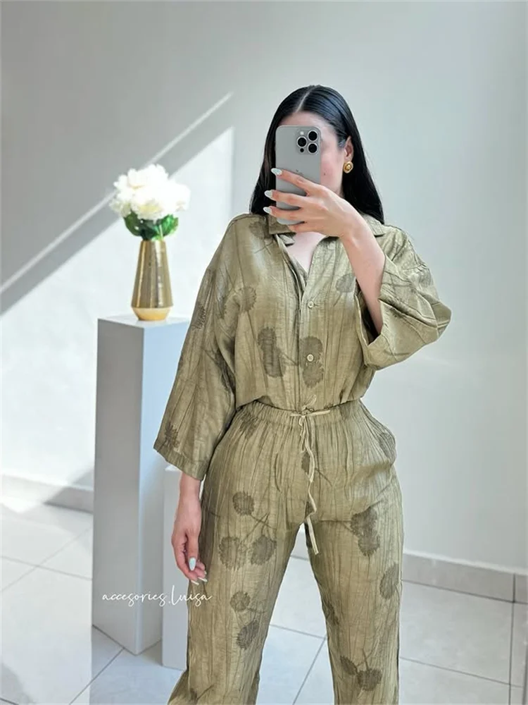 

Shirt Long Pants Sets Women Linen Tie-dye Print Lapel Half Sleeve Single Breasted Shirts Drawstring Wide Leg Pant Lady 2 Pieces