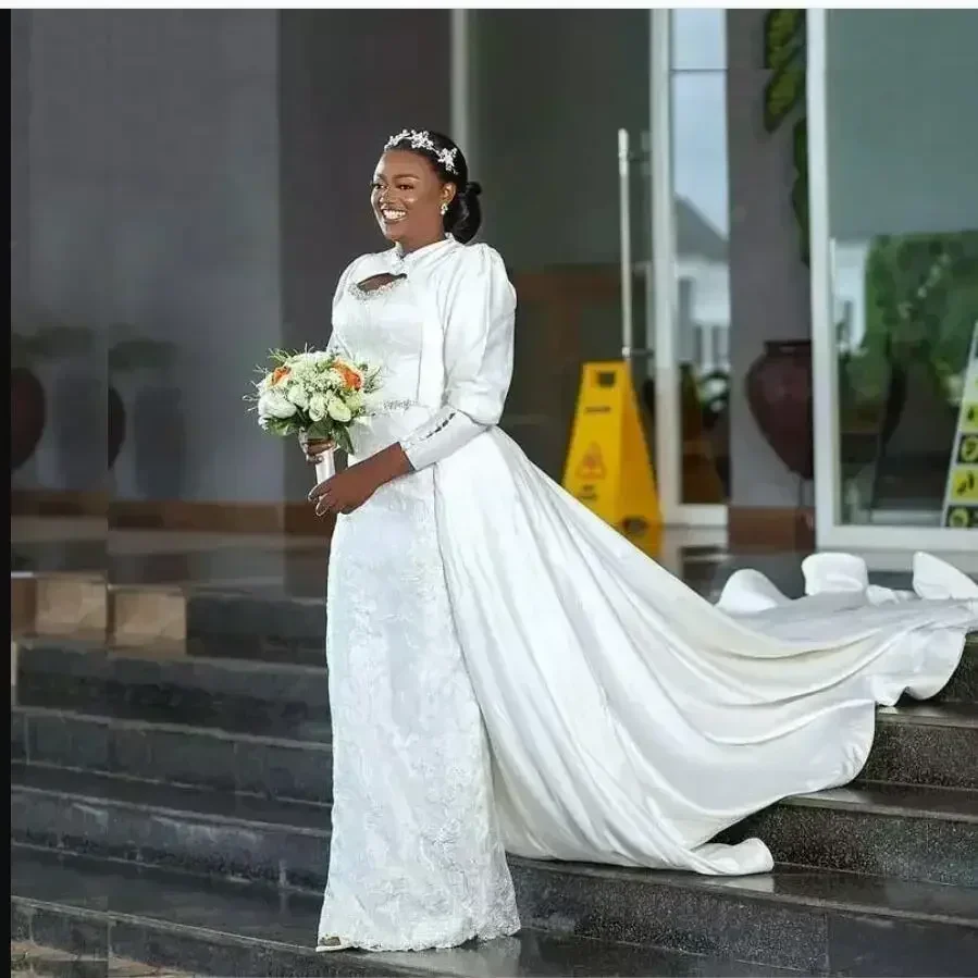 Customized African High Neck Lantern Sleeves Lace Mermaid Wedding Dress With Detachable Train African Hollow Chest Bridal Gown