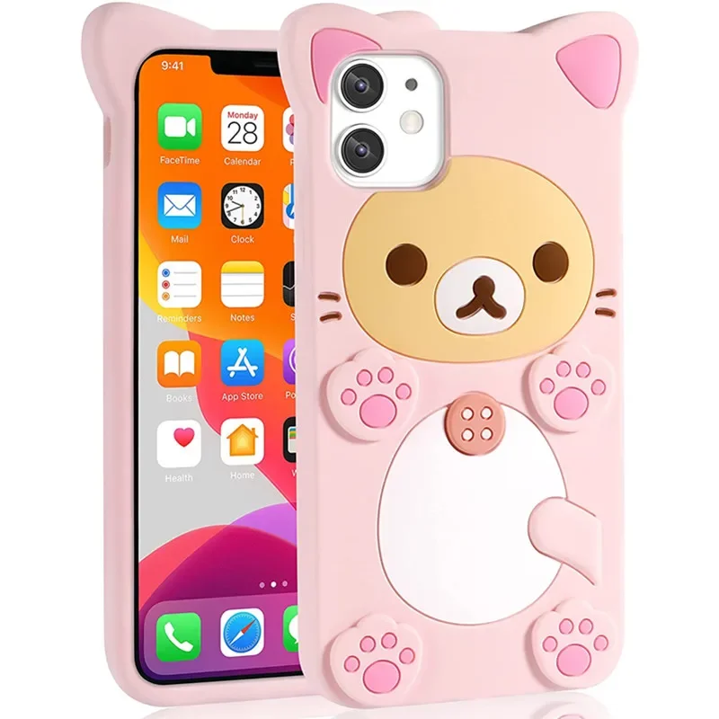 

3D Cute Cartoon Pink Bear Kawaii Soft Silicone Case for IPhone 14 Plus 13 11 15 16 Pro Max 12 Mini XS XR X IPones Funny Cover