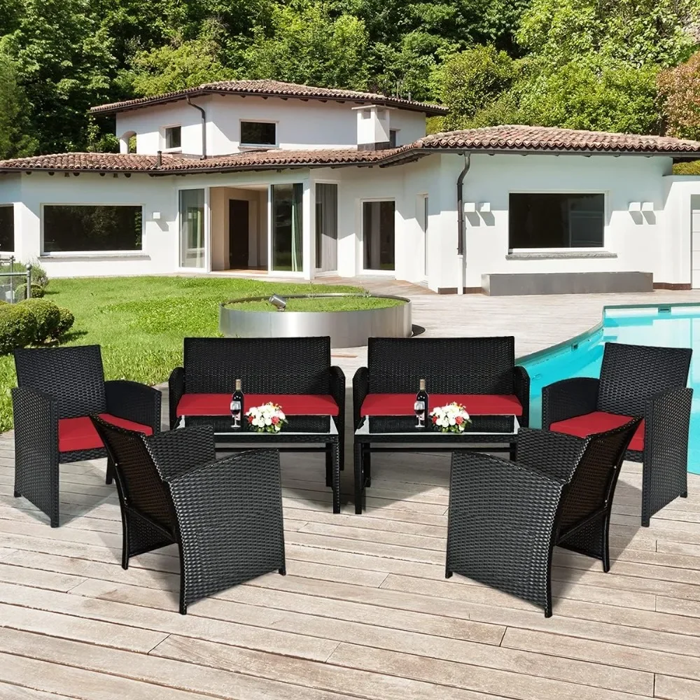 Patio Wicker Conversation Furniture Set, Patiojoy Sofa & Table Set W/4 Seats,Outdoor Rattan Sofa Set for Balcony Backyard,Wicker