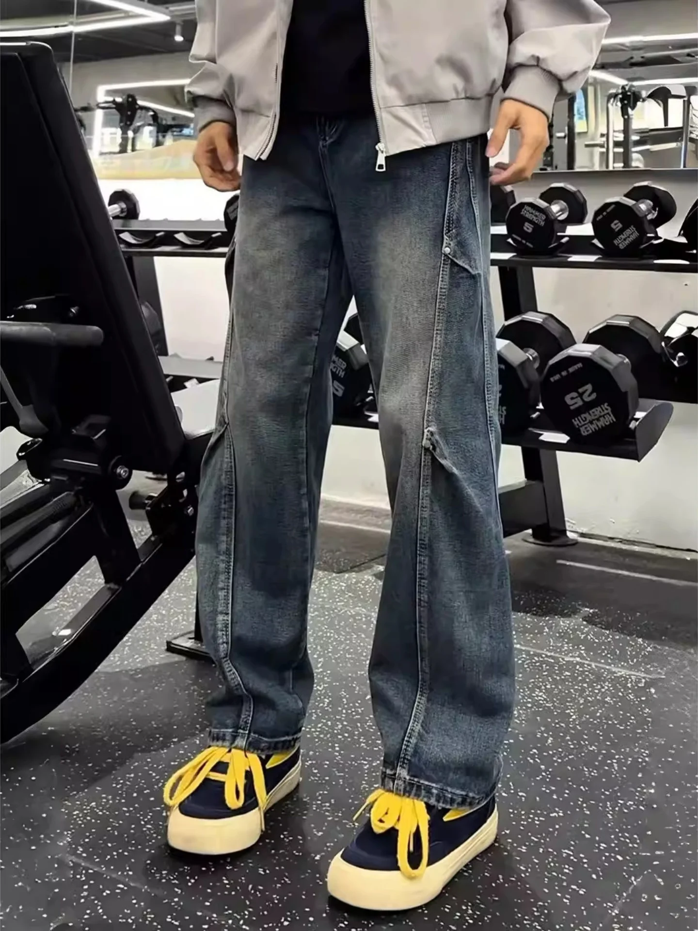 

American Washed Straight Leg Men's Jeans Rivet Loose Slimming Wide Leg Long Trousers High Street Vibe Casual Youth Fashion