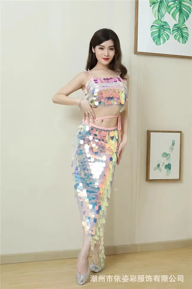 Colorful Scale Sequin Camisole Top+Long Dress 2pcs Belly Dance Female Singer Bar Nightclub Dancer Team Stage Performance costume