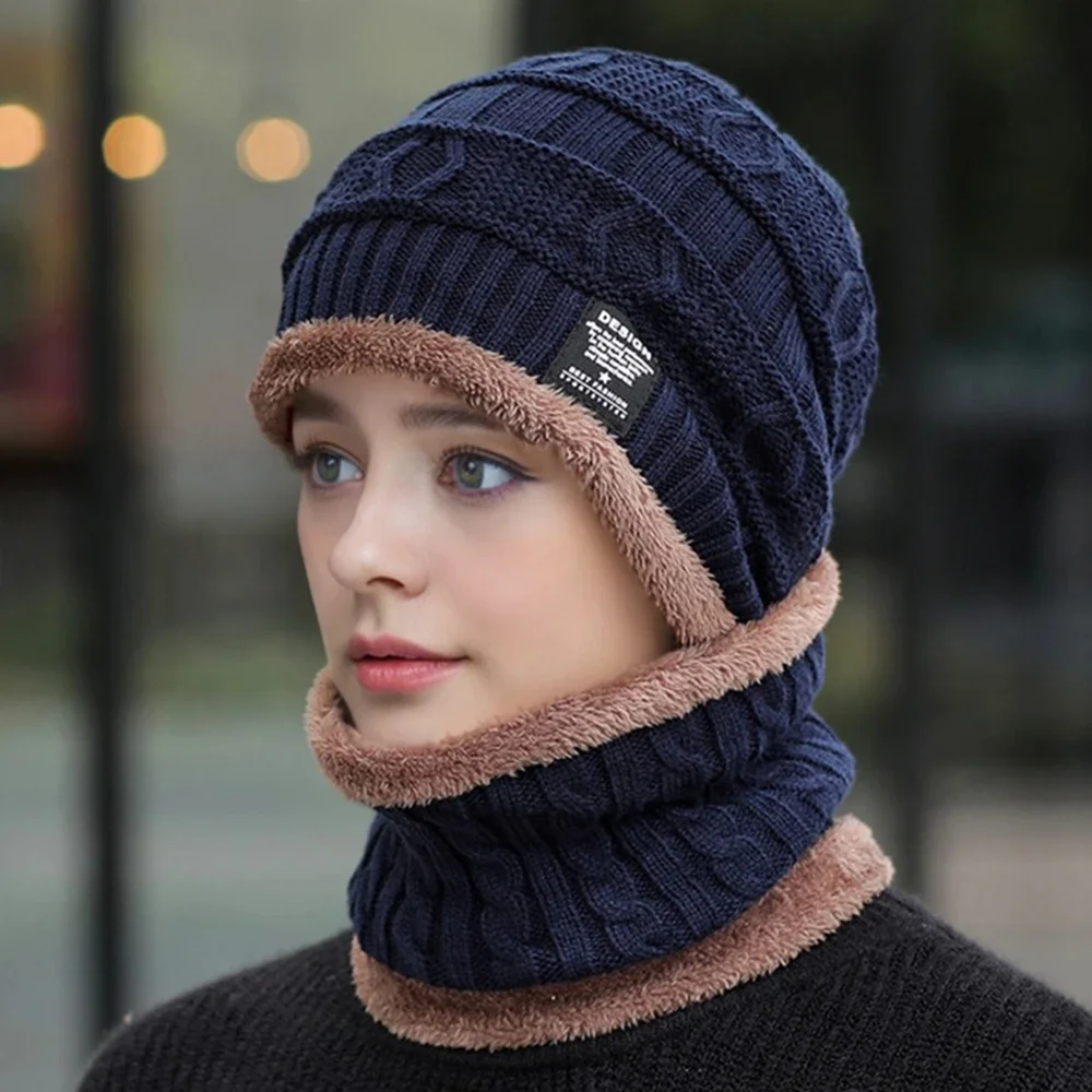Unisex Plush Lined Winter Hat Thicken Warm Knitted Suit Outdoor Fashion Winter Cap  For Men & Women Leisure Beanie Cap