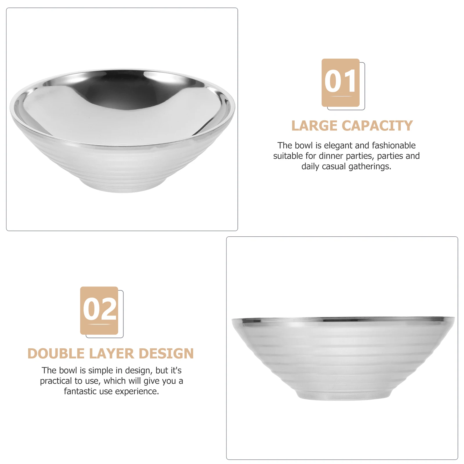 

Double Layer Ramen Salad Food Bowl Reusable Kitchen Noodle Shop School Stainless Steel Mixing Stainless Steel Salad Bowl Serving