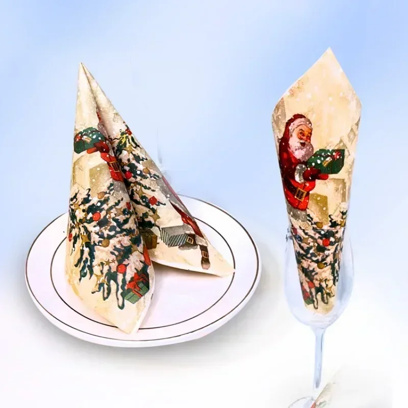 20pcs 33cm Santa Claus Christmas Tree Printed Napkins Christmas Decoration Paper Napkin Mouthcloth Cup Flower Paper Placemats