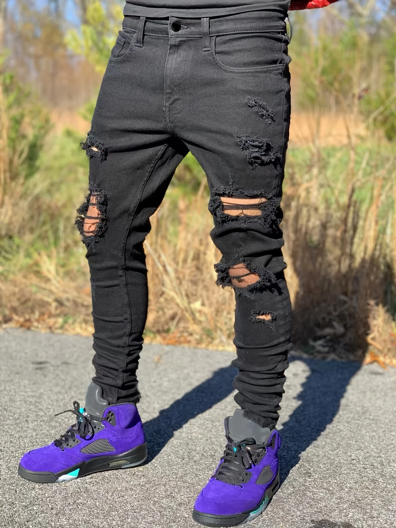 بنطال جينز ضيق ممزق أسود للرجال - بنطال هيب هوب ملابس الشارع الشهير #5