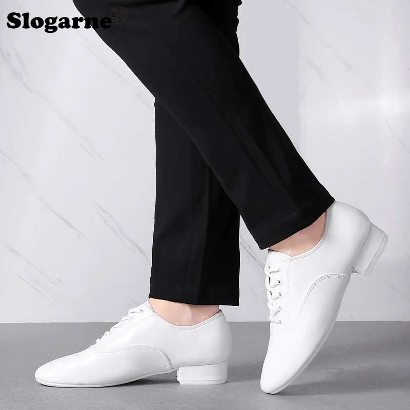 

Men Ballroom Dance Shoes Male New 2.5cm Heels Latin Shoes Soft Rubber Sole Black White Tango Waltz Salsa Danicng PU Leather Shoe