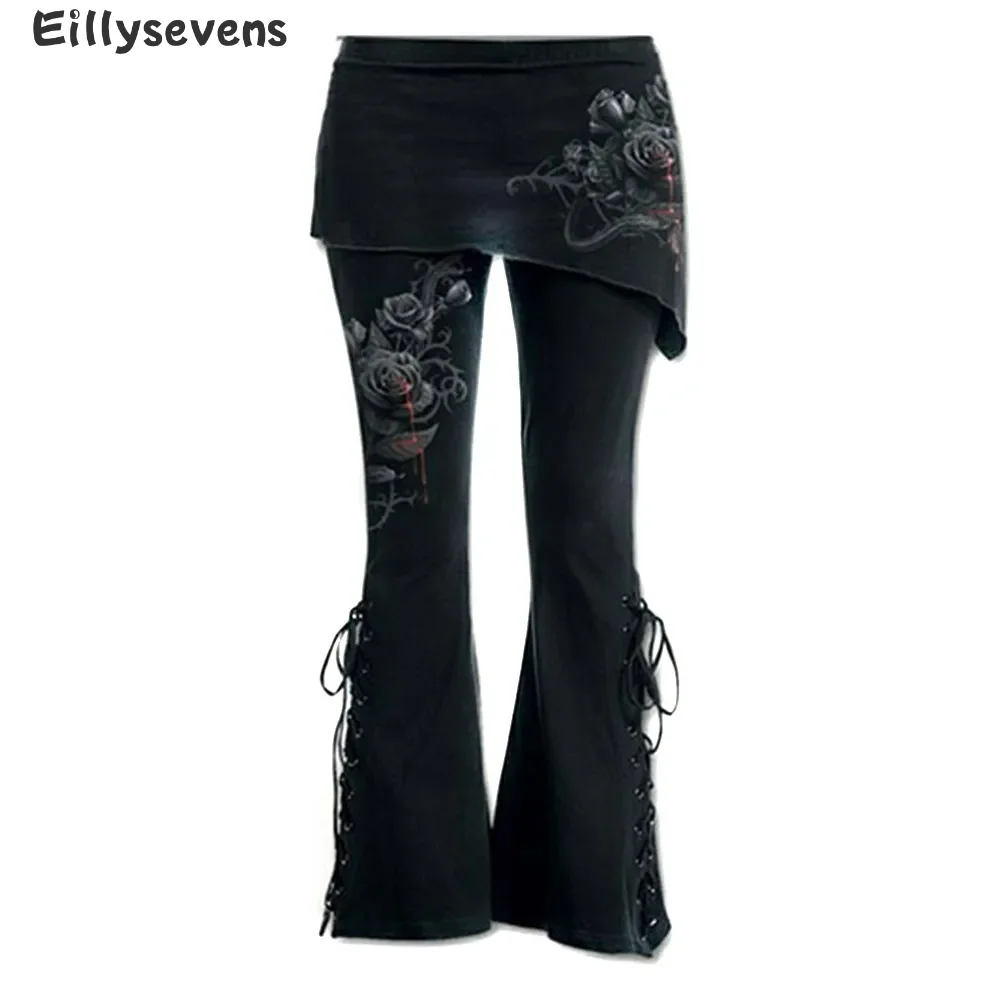 

Women's patchwork boot cut pant Black Embroidered pants Casual Bandage Flares Punk Bell Bottom Leggings pantalones de mujer