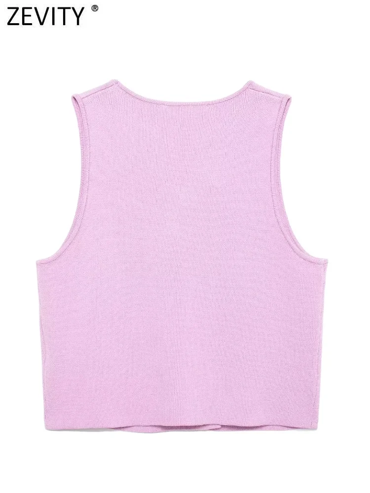 Zevity Women Fashion O Neck Sleeveless Pink Midriff-baring Knitting Sweater Femme Chic Double Breasted Cardigan Coat Tops CT6249