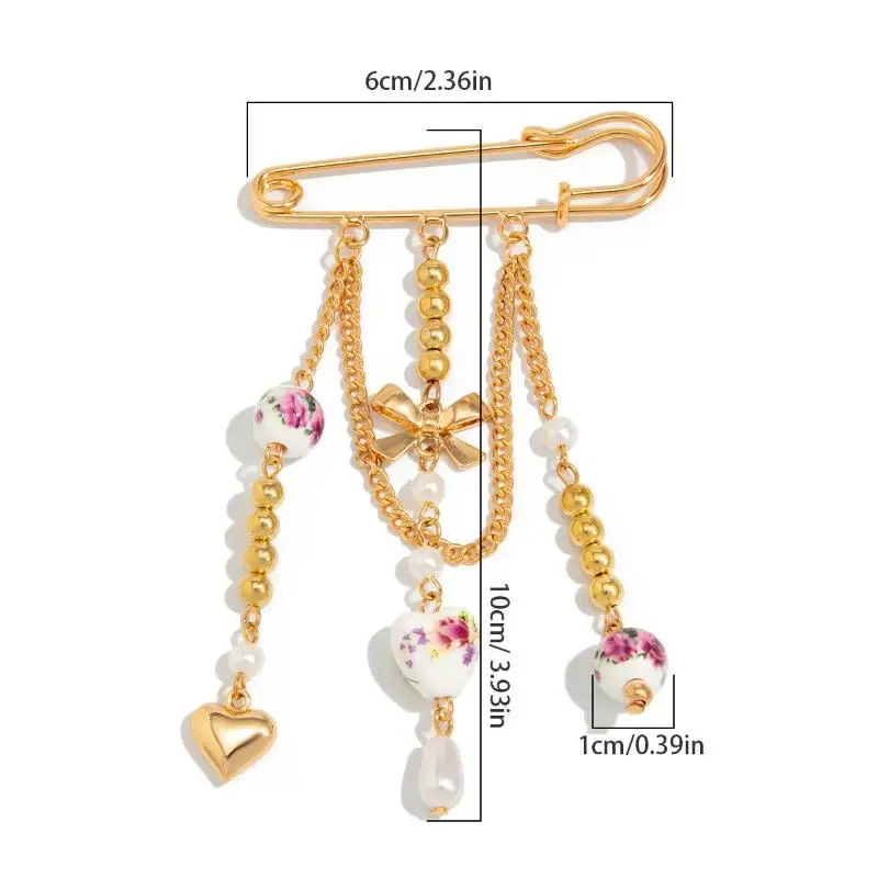 Fiocco Amore Cuore Ciondolo Nappa Catena di metallo Spilla di perle Pin Maglione Collare Clip Spilla Gioielli