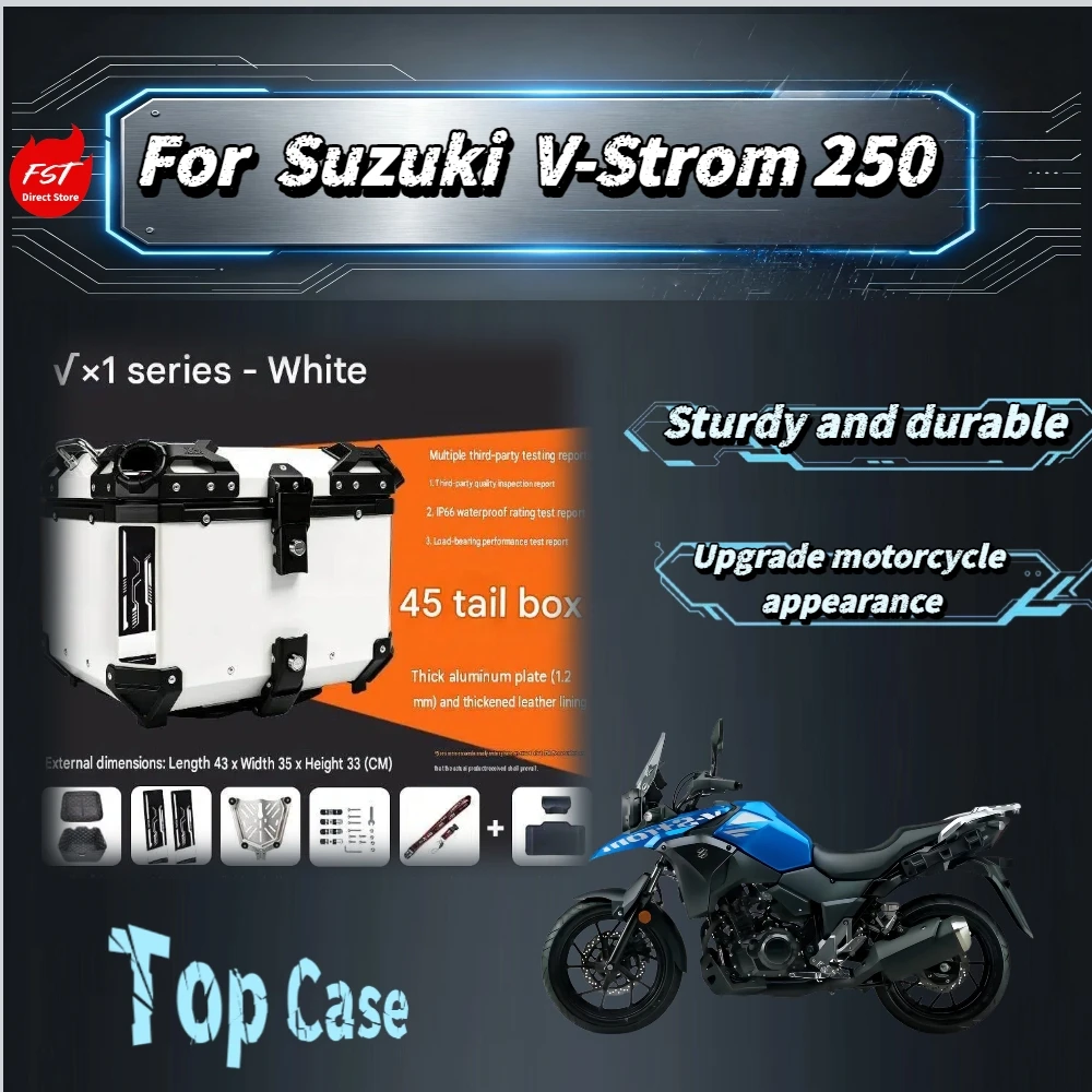 For Suzuki DL250 V‑Strom250 45L/55L Flat Aluminum Top Case IP66 Waterproof Leather Lining Backrest Touring Storage Accessory