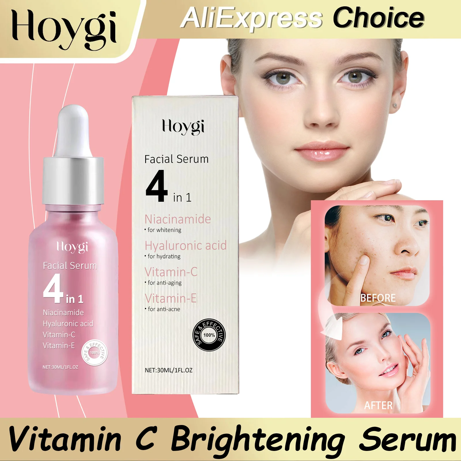 Sérum Facial 4 em 1 para Reduzir Linhas Finas, Firmar, Hidratar e Iluminar com Vitamina C e Ácido Hialurônico, Reduz Poros, Cuidados com a Pele