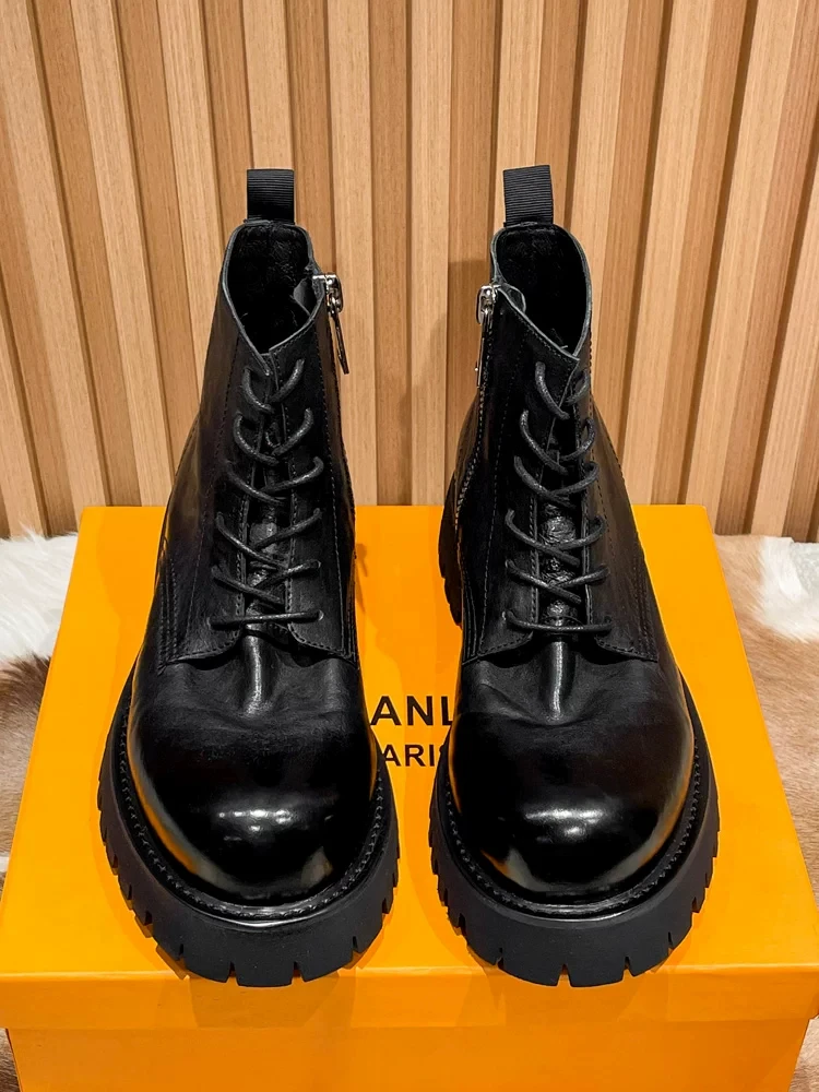British Fashion Men's Ankle Boots Genuine Leather Retro Lace-up Work Shoes Outdoor Hiking Motorcycle Boots Cowhide Comfortable - view 5
