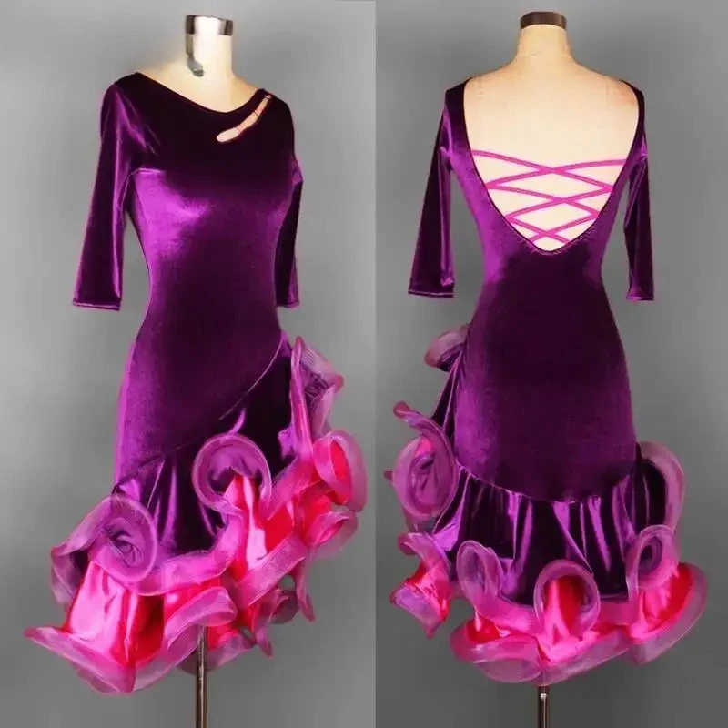 

Latin Dance Dress Long Sleeve Women Competition Adult Purple Black Red Flamenco Costumes Ballroom Salsa Samba Tango Dresses