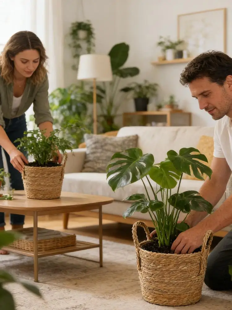 Woven Flower Basket Pot Rattan Straw Planter Storage Basket Set with Plastic Lining Wicker Rattan Vase Container