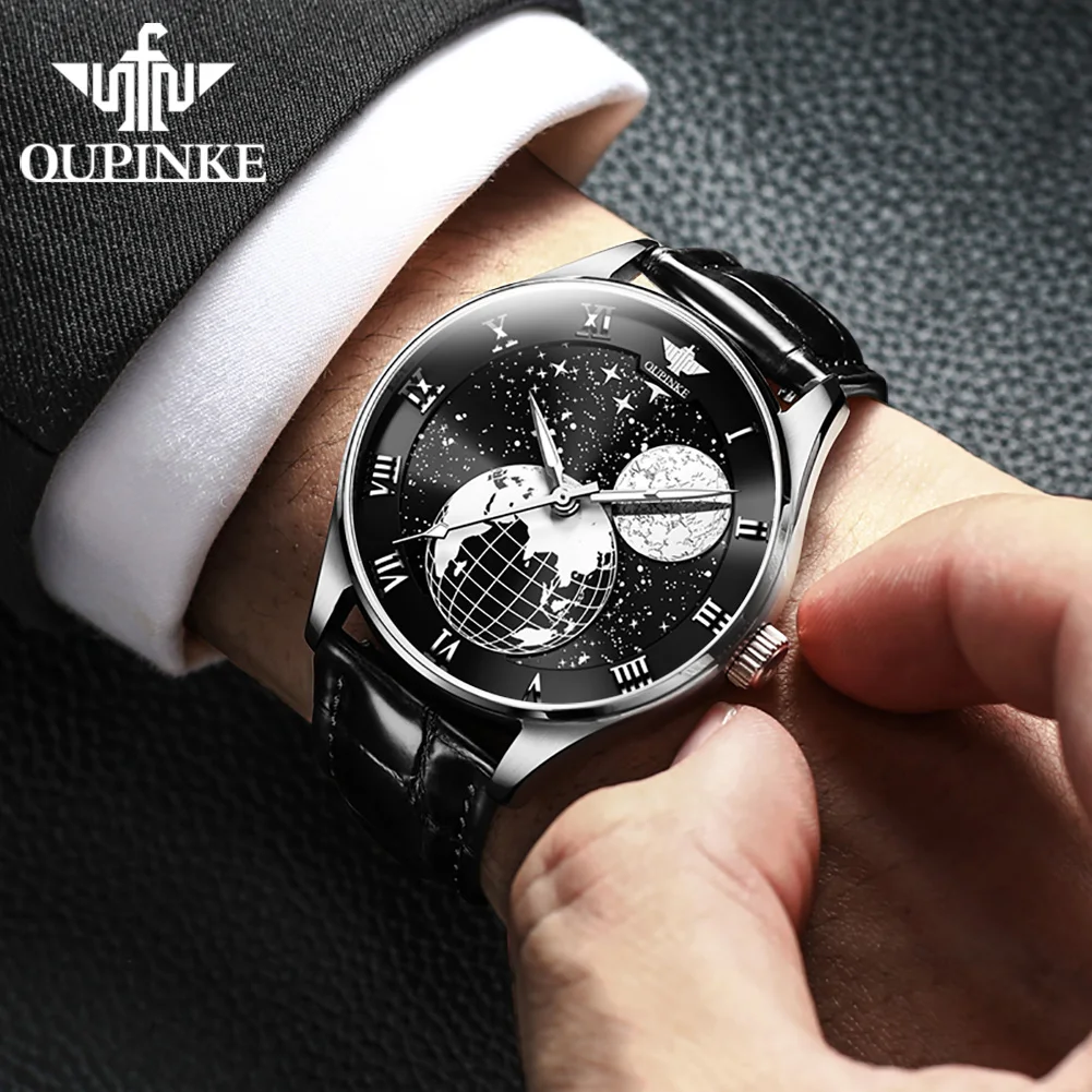 OUPINKE marque montre pour hommes entièrement automatique mécanique bracelet de peau affaires 3177