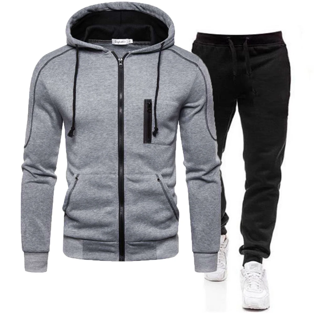 2022 Autumn Winte Oblique Zipper Tracksuit Men Sweatshirt + Sweatpants 2 Pieces Set Casual Mens Hooded Hoodies Suit Sportswear