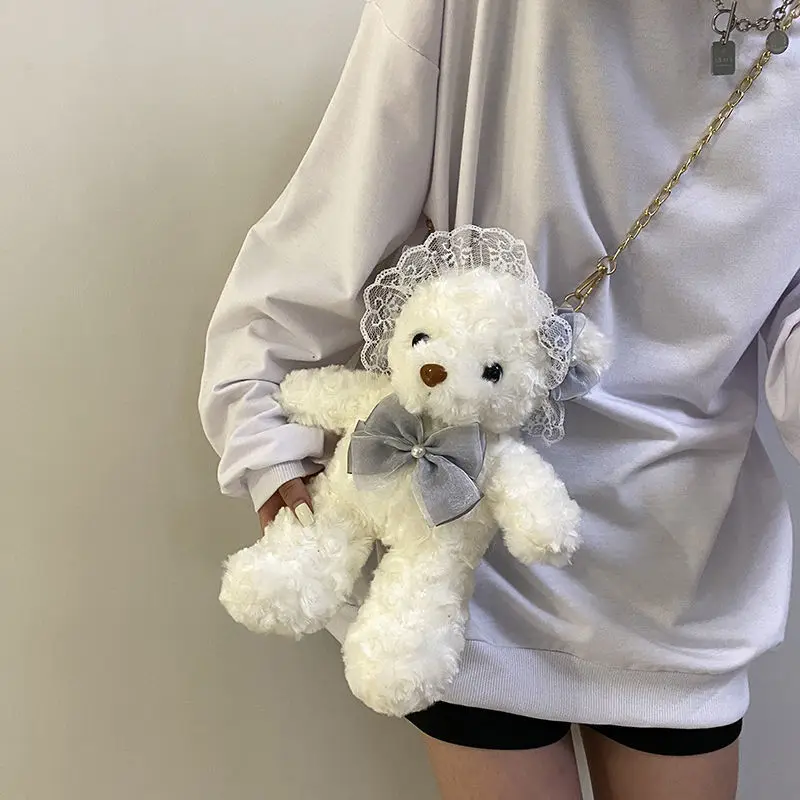 Sacs à bandoulière moelleux pour enfants et femmes, sac à bandoulière ours mignon, Adorable ours en peluche pour filles, nœud perle Lolita Kawaii, sac à main en dentelle douce